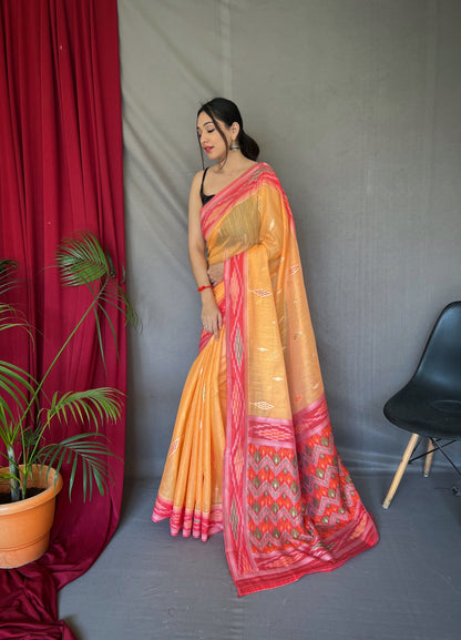 Orange Cotton Ikat Woven Saree Saris & Lehengas