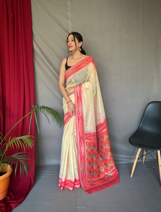 Ivory Cotton Ikat Woven Saree Saris & Lehengas