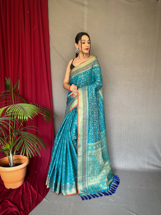 Cyan Blue Rajkoti Patola Silk Woven Saree Saris & Lehengas
