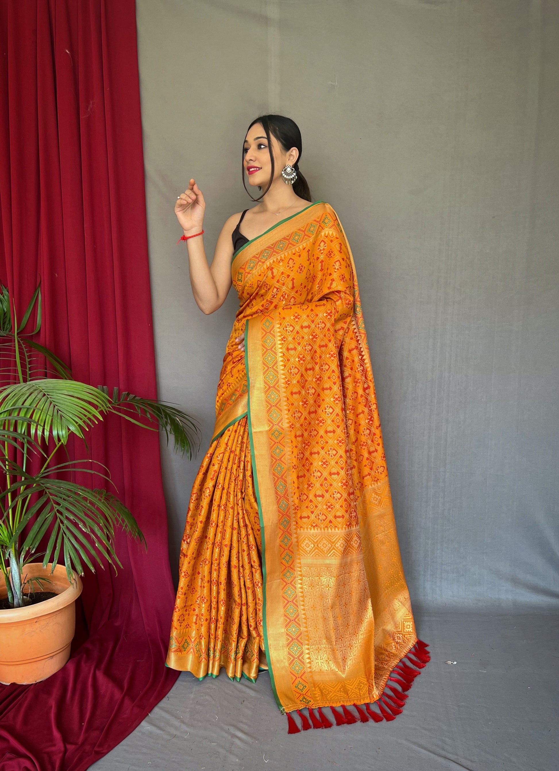 Mustard Yellow Rajkoti Patola Silk Woven Saree Saris & Lehengas