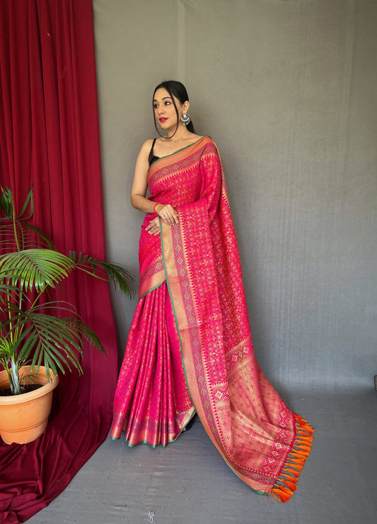 Pink Rajkoti Patola Silk Woven Saree Saris & Lehengas