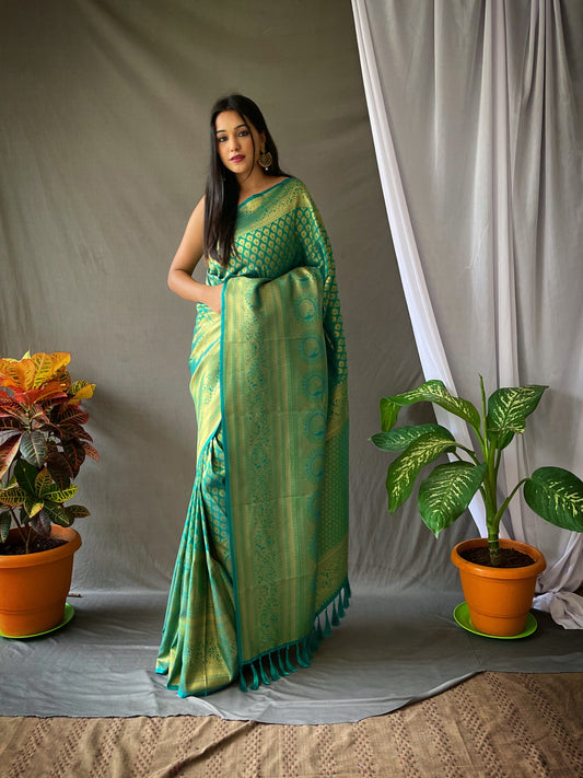Pure Kanjeevaram Silk #1 Rama Green Saris & Lehengas