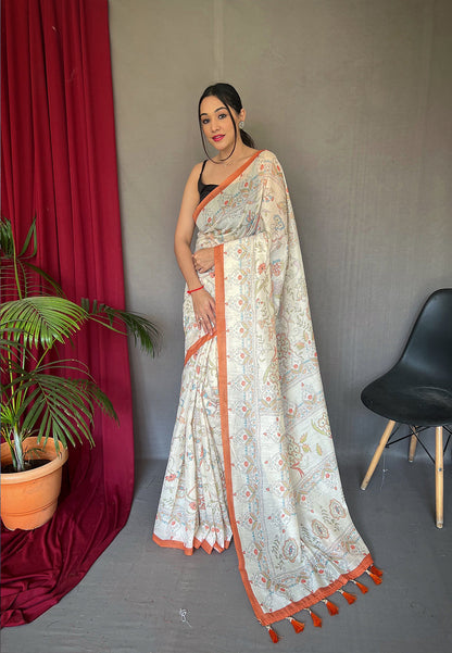 Orange Cotton Katha Printed Saree