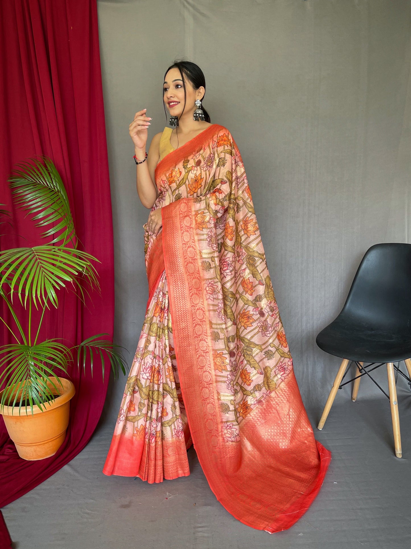 Banarasi Silk Woven Saree with Kalamkari Prints Peachy Pink