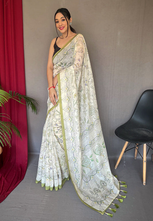 Green Cotton Katha Printed Saree