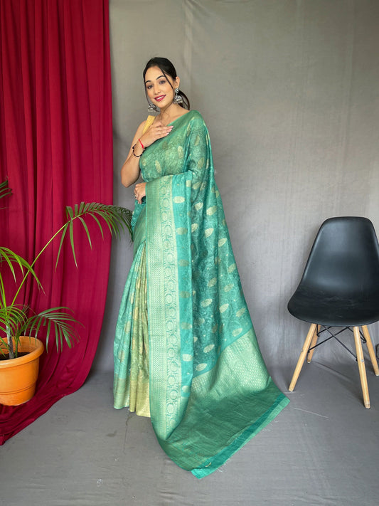 Banarasi Silk Dual Tone Woven Saree with Self Prints Green Cyan