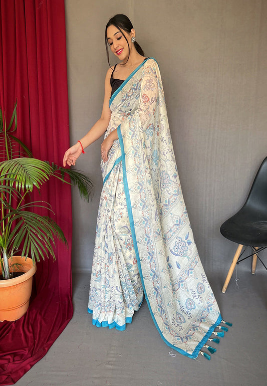 Blue Cotton Katha Printed Saree