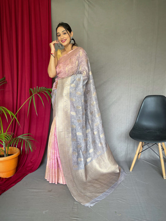 Banarasi Silk Dual Tone Woven Saree with Self Prints Pink Grey