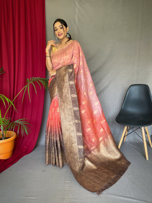 Banarasi Silk Dual Tone Woven Saree with Self Prints Orange Brown