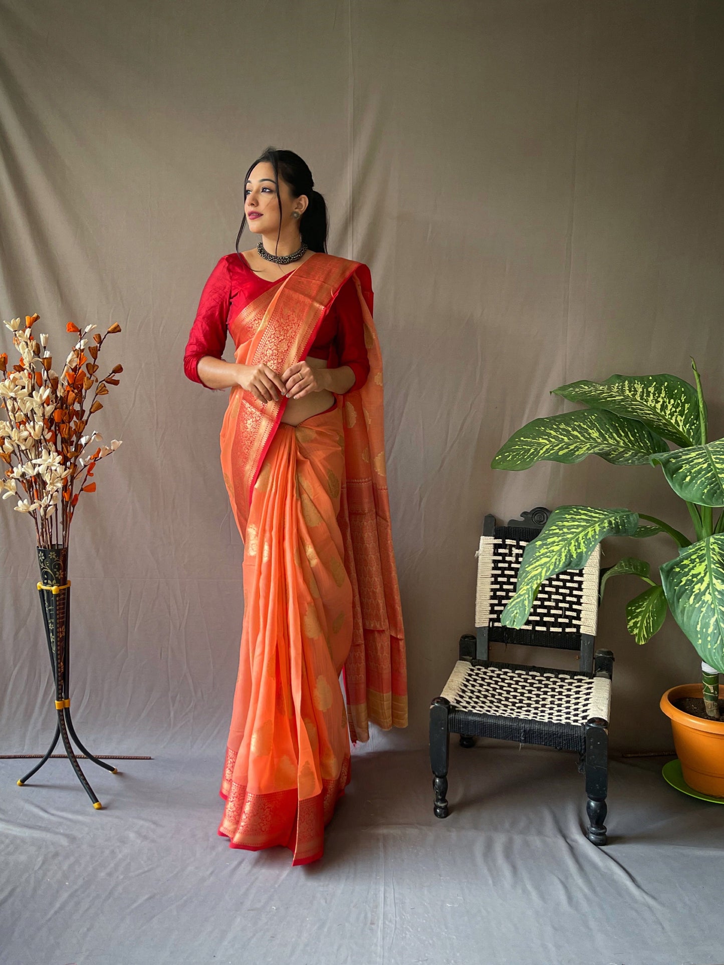 Linen Chaap Woven Portland Orange Saris & Lehengas