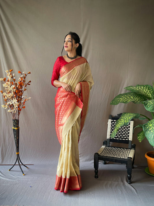 Linen Chaap Woven Saree Ivory White Saris & Lehengas