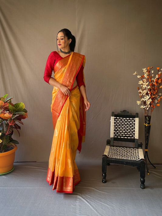 Linen Chaap Woven Pastel Orange Saris & Lehengas