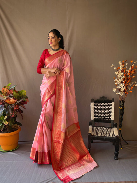 Linen Chaap Woven Pink Saris & Lehengas