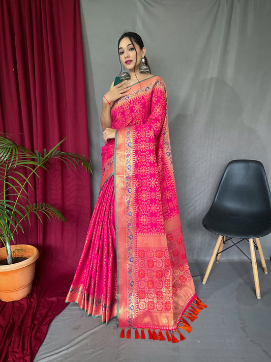 Bandhej Patola Silk Woven Saree Hot Pink Saris & Lehengas