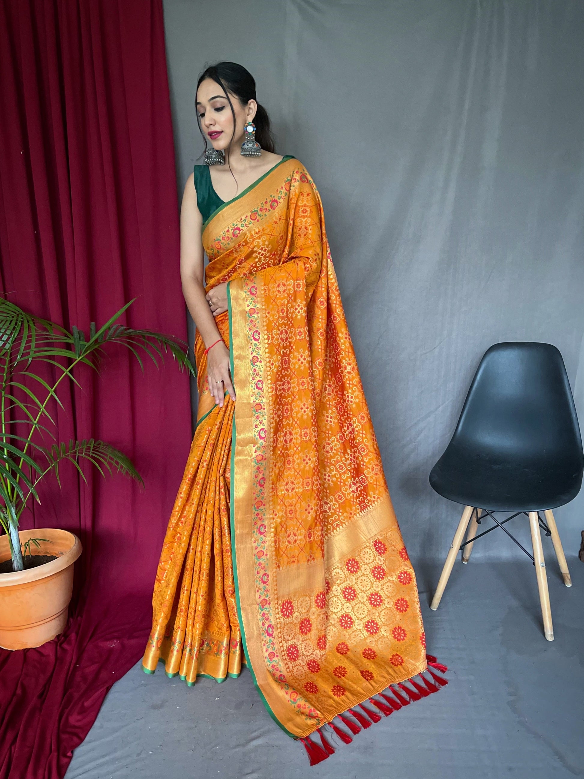 Bandhej Patola Silk Woven Saree Orange Gold Saris & Lehengas