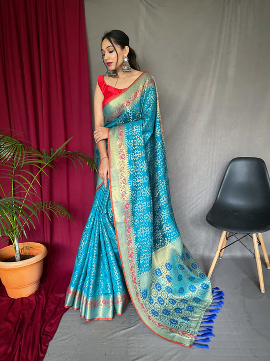 Bandhej Patola Silk Woven Saree Pacific Blue Saris & Lehengas