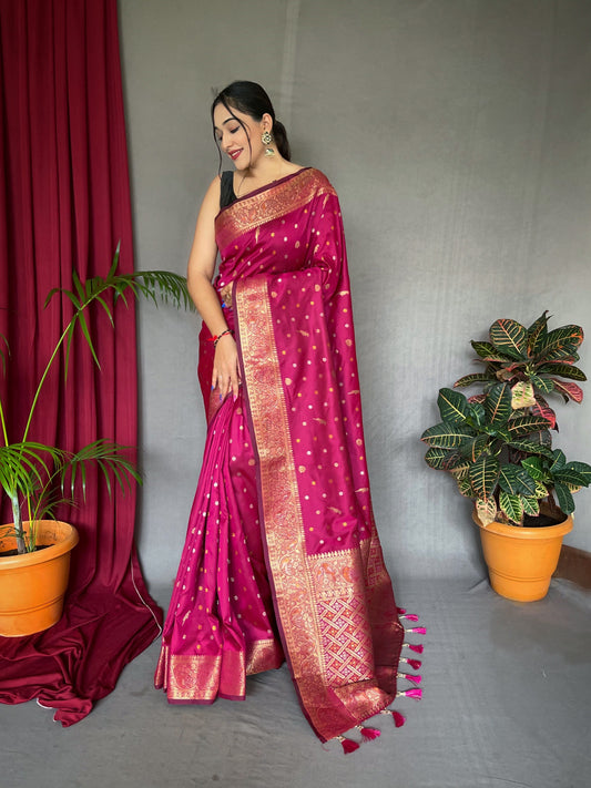 Soft Silk Multi Color Zari Woven Saree Dark Pink Saris & Lehengas