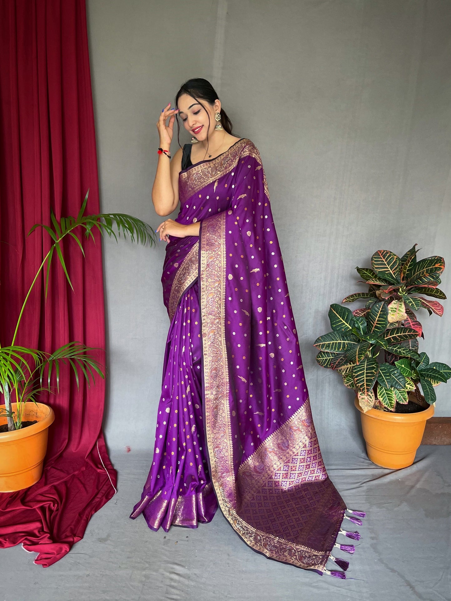 Soft Silk Multi Color Zari Woven Saree Warm Purple Saris & Lehengas