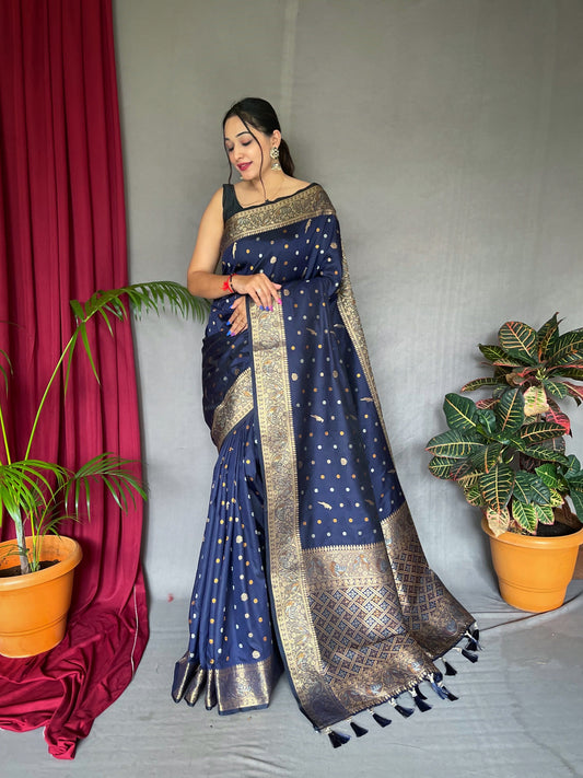 Soft Silk Multi Color Zari Woven Saree Dark Blue Saris & Lehengas
