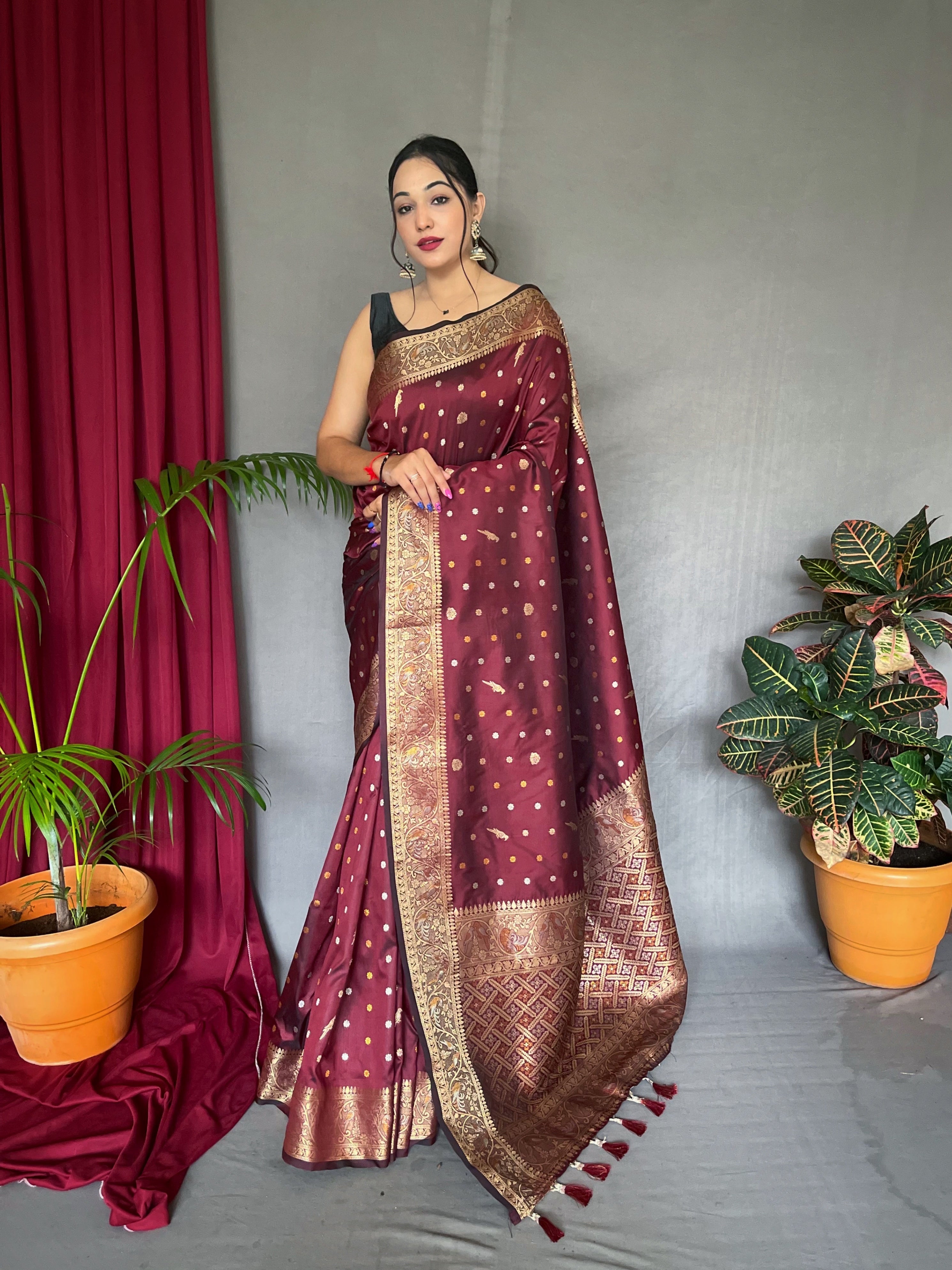 Soft Silk Multi Color Zari Woven Saree Sanguine Brown Saris & Lehengas