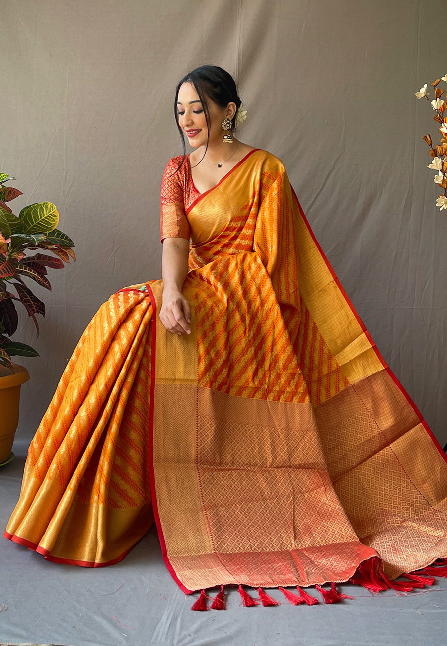 Mustard Yellow Patola Leheriya Zari Woven Saree Saris & Lehengas