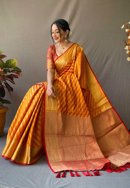 Mustard Yellow Patola Leheriya Zari Woven Saree Saris & Lehengas