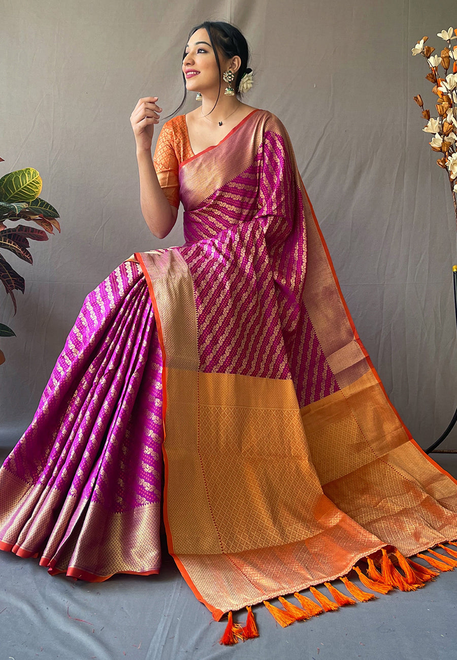 Fuchsia Purple Patola Leheriya Zari Woven Saree Saris & Lehengas