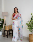 Organza Hand Painted Floral Saree White