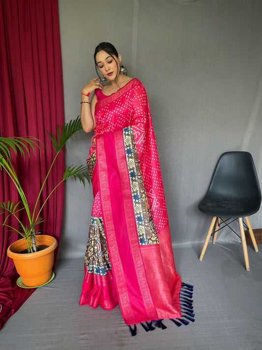 Gala Bandhej Kalamkari Printed Woven Saree Raspberry Pink Saris & Lehengas