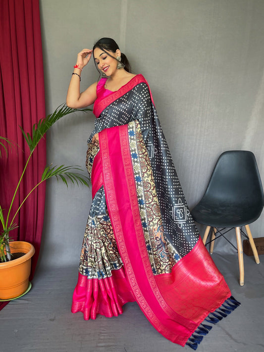 Gala Bandhej Kalamkari Printed Woven Saree Dark Grey Saris & Lehengas