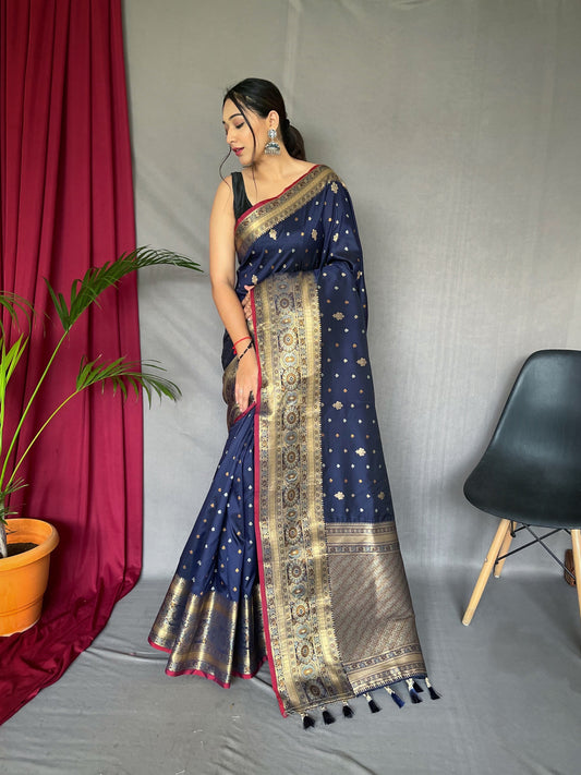 Soft Silk Multi Color Zari Woven Saree Navy Blue Saris & Lehengas