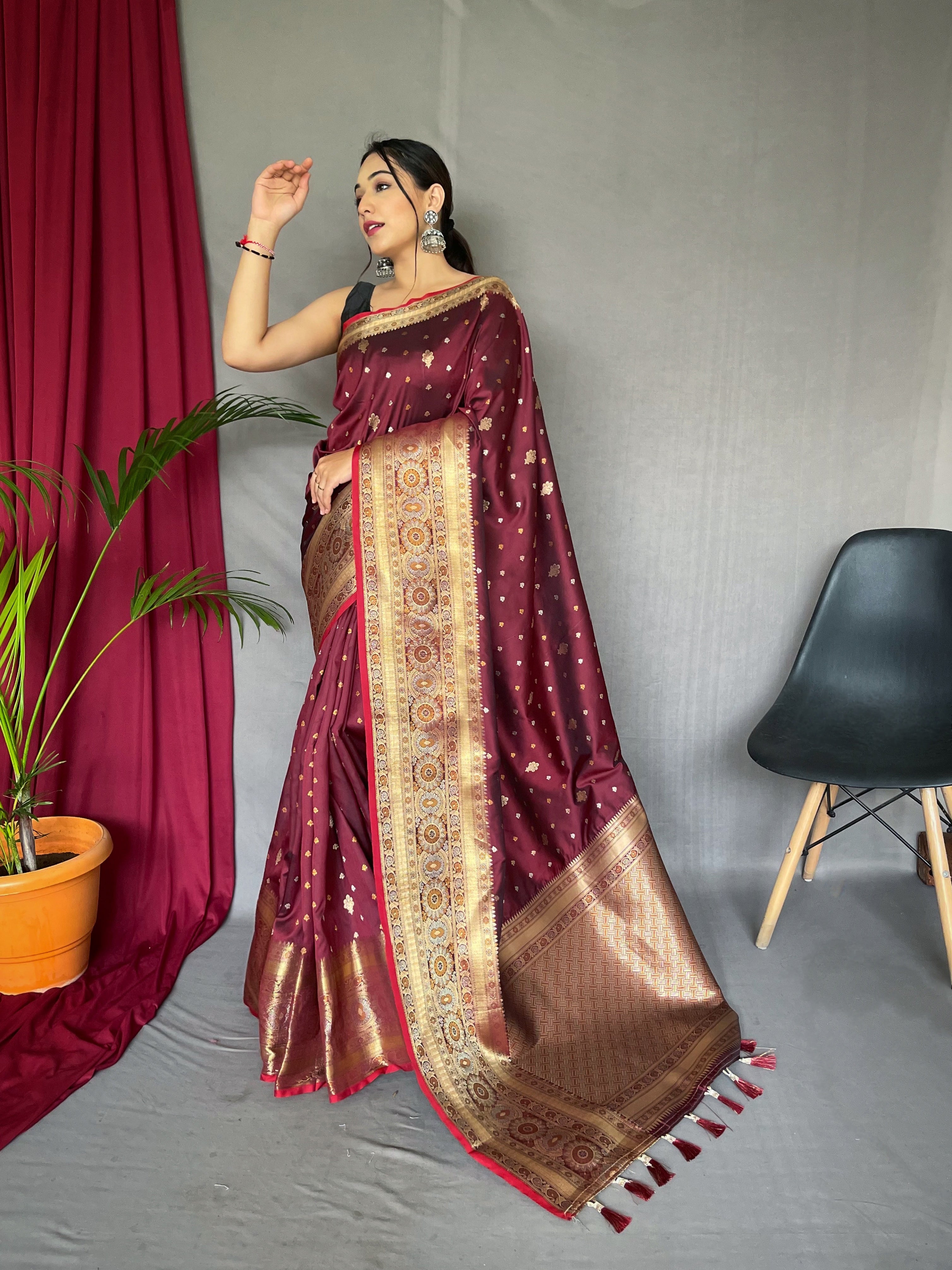 Soft Silk Multi Color Zari Woven Saree Brownish Maroon Saris & Lehengas