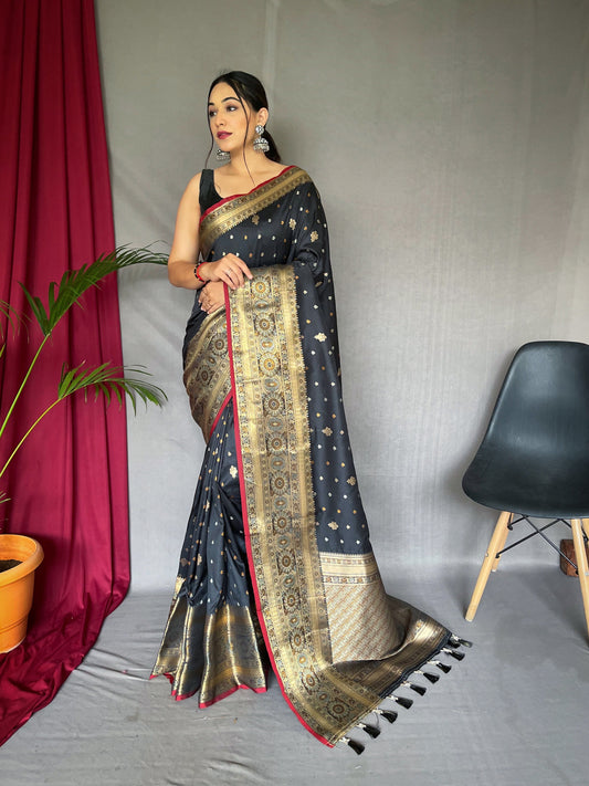 Soft Silk Multi Color Zari Woven Saree Black Saris & Lehengas