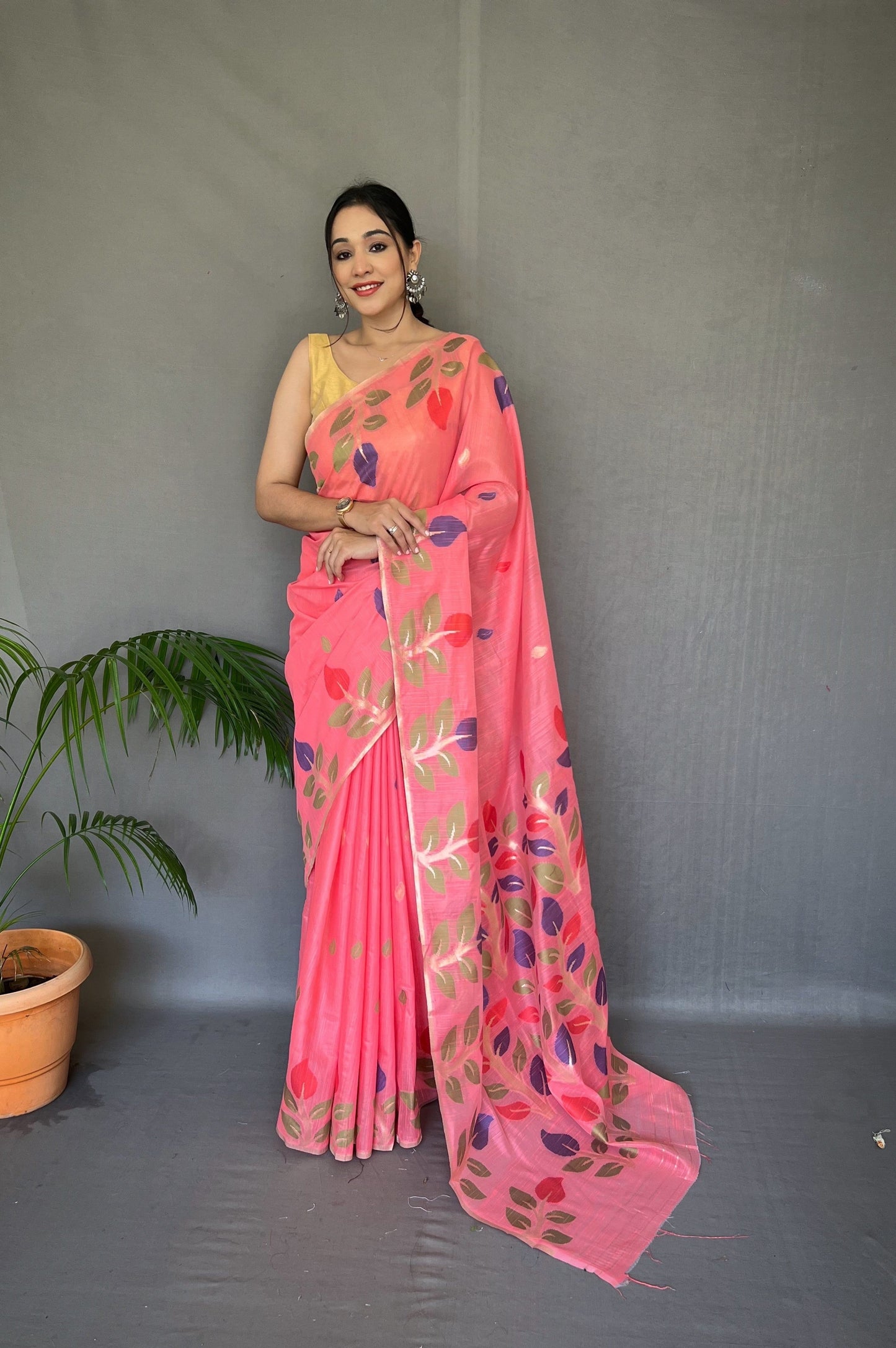Coral Pink Shalini Cotton Jamdani Woven Saree Saris & Lehengas