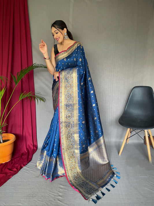 Soft Silk Multi Color Zari Woven Saree Dusk Blue Saris & Lehengas