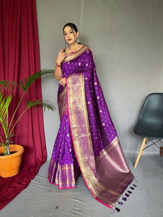Soft Silk Multi Color Zari Woven Saree Grape Purple Saris & Lehengas
