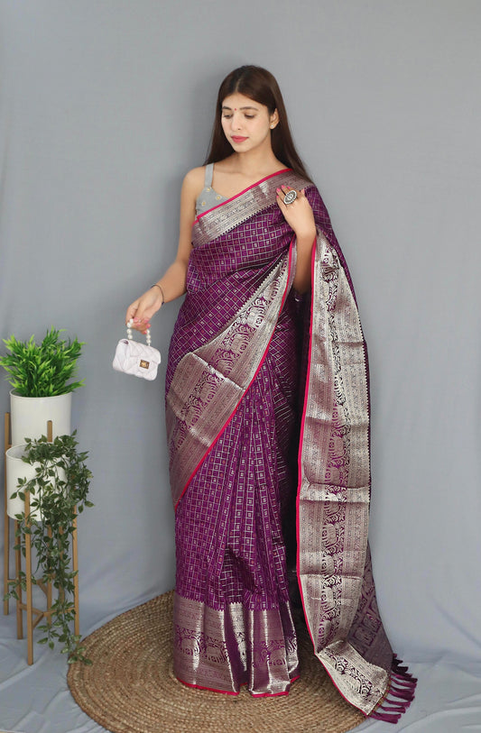 Soft Silk Woven Checks Purple Saris & Lehengas