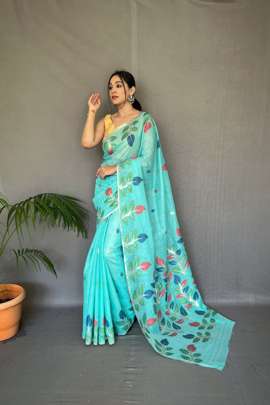 Aqua Blue Shalini Cotton Jamdani Woven Saree Saris & Lehengas