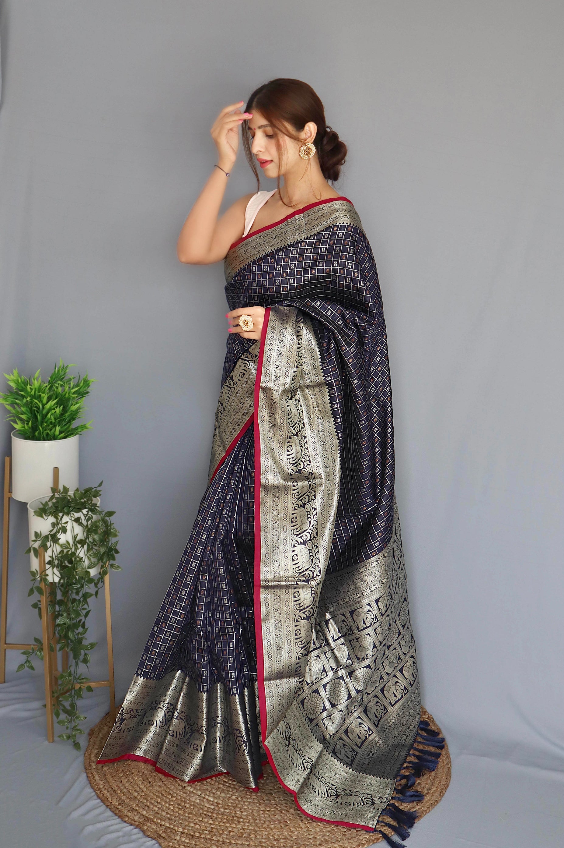 Soft Silk Woven Checks Navy Blue Saris & Lehengas