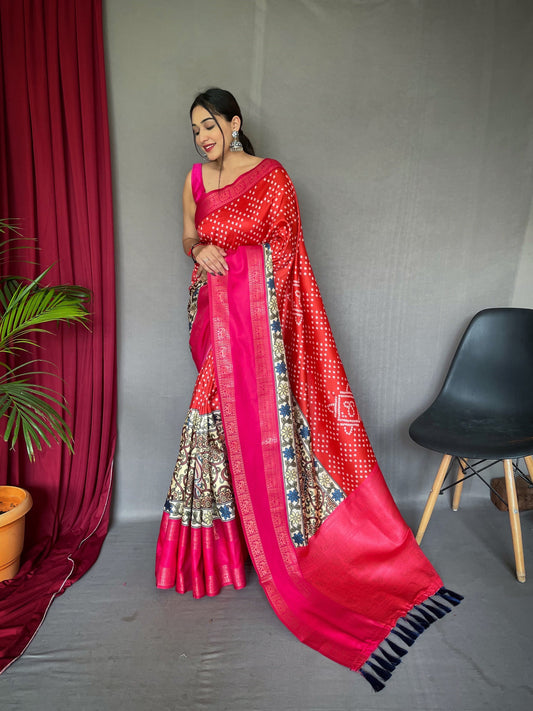 Gala Bandhej Kalamkari Printed Woven Saree Strawberry Red Saris & Lehengas