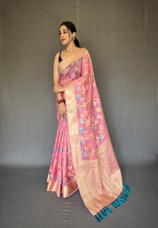 Pink Barfi Organza Silk Woven Saree