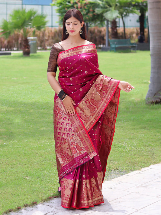Sangam Soft Silk Saree Three Colored Zari Woven Saree Royal Fuchsia Pink Saris & Lehengas