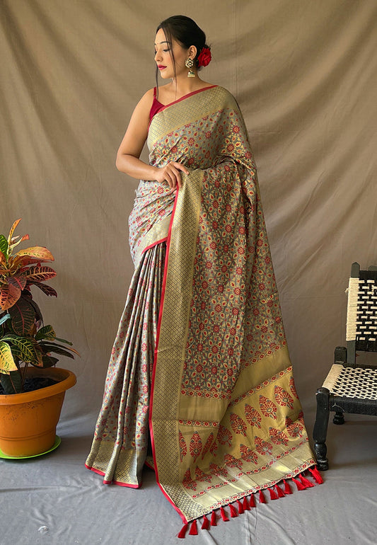Grey Rajkoti Patola Silk Zari Woven Saree Saris & Lehengas