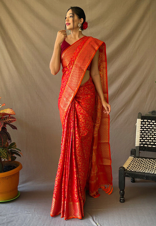 Red Rajkoti Patola Silk Zari Woven Saree Saris & Lehengas