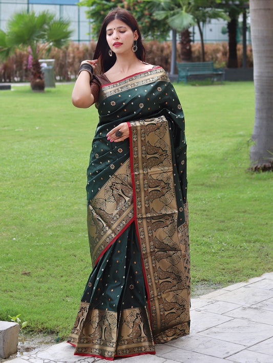 Sangam Soft Silk Saree Three Colored Zari Woven Saree Dark Green Saris & Lehengas