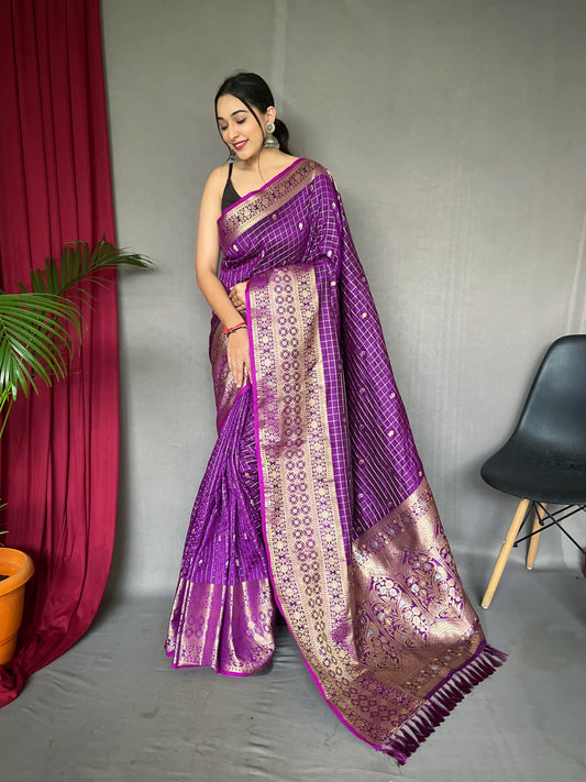 Kalindi Soft Silk Checks Woven Saree Purple Jam Saris & Lehengas