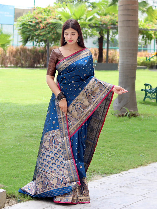 Sangam Soft Silk Saree Three Colored Zari Woven Saree Dusk Blue Saris & Lehengas