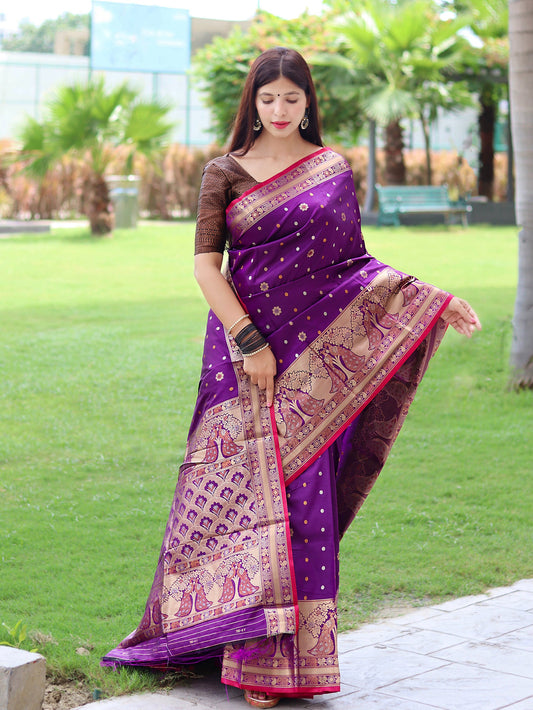 Sangam Soft Silk Saree Three Colored Zari Woven Saree Purple Saris & Lehengas