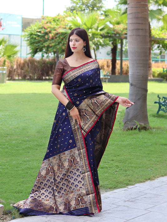 Sangam Soft Silk Saree Three Colored Zari Woven Dark Blue Saris & Lehengas
