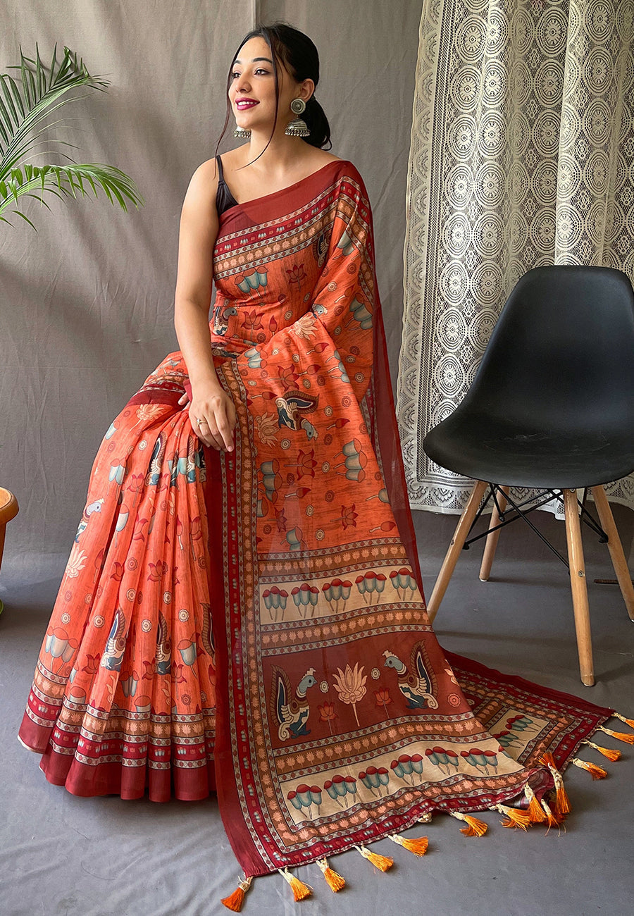 Kadambari Cotton Kalamkari Printed Saree Orange Saris & Lehengas